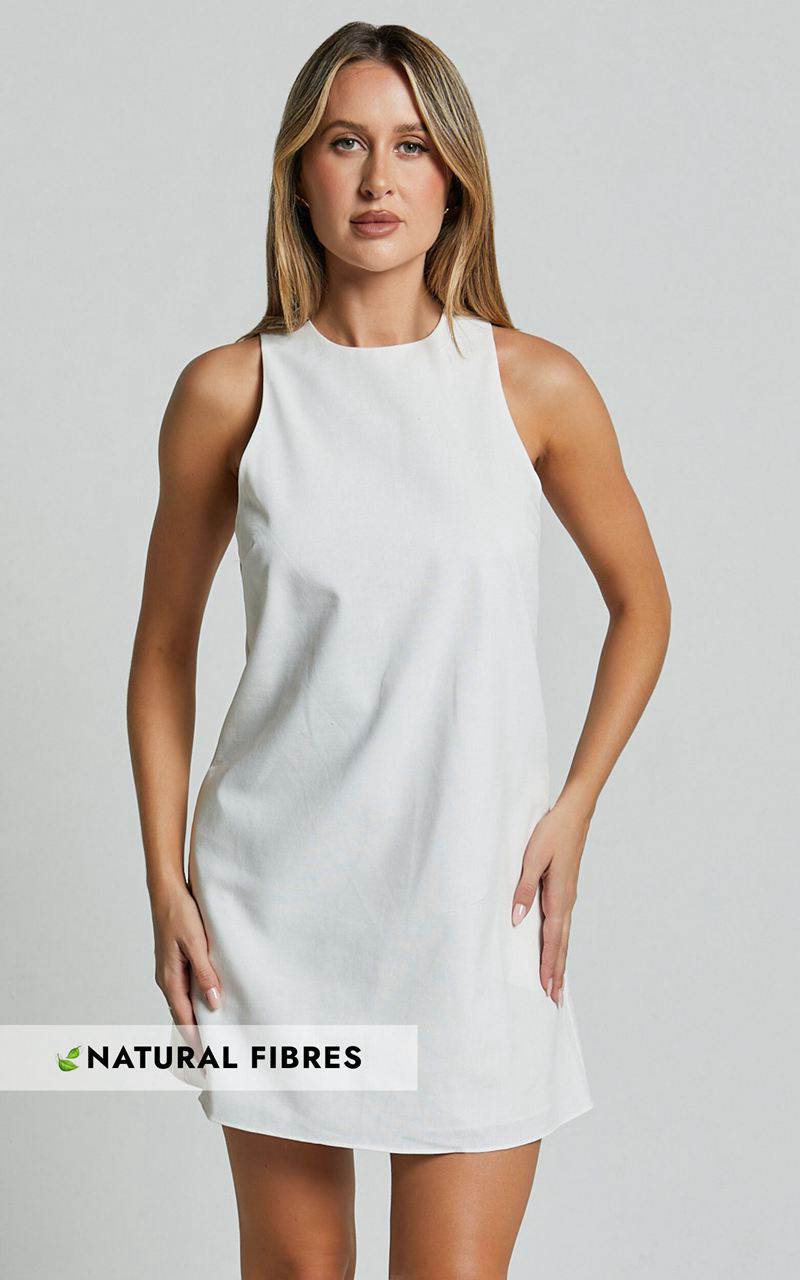 Showpo Elda Mini Dress - Linen Look High Neck Shift Dress Off White | NQOEHP370