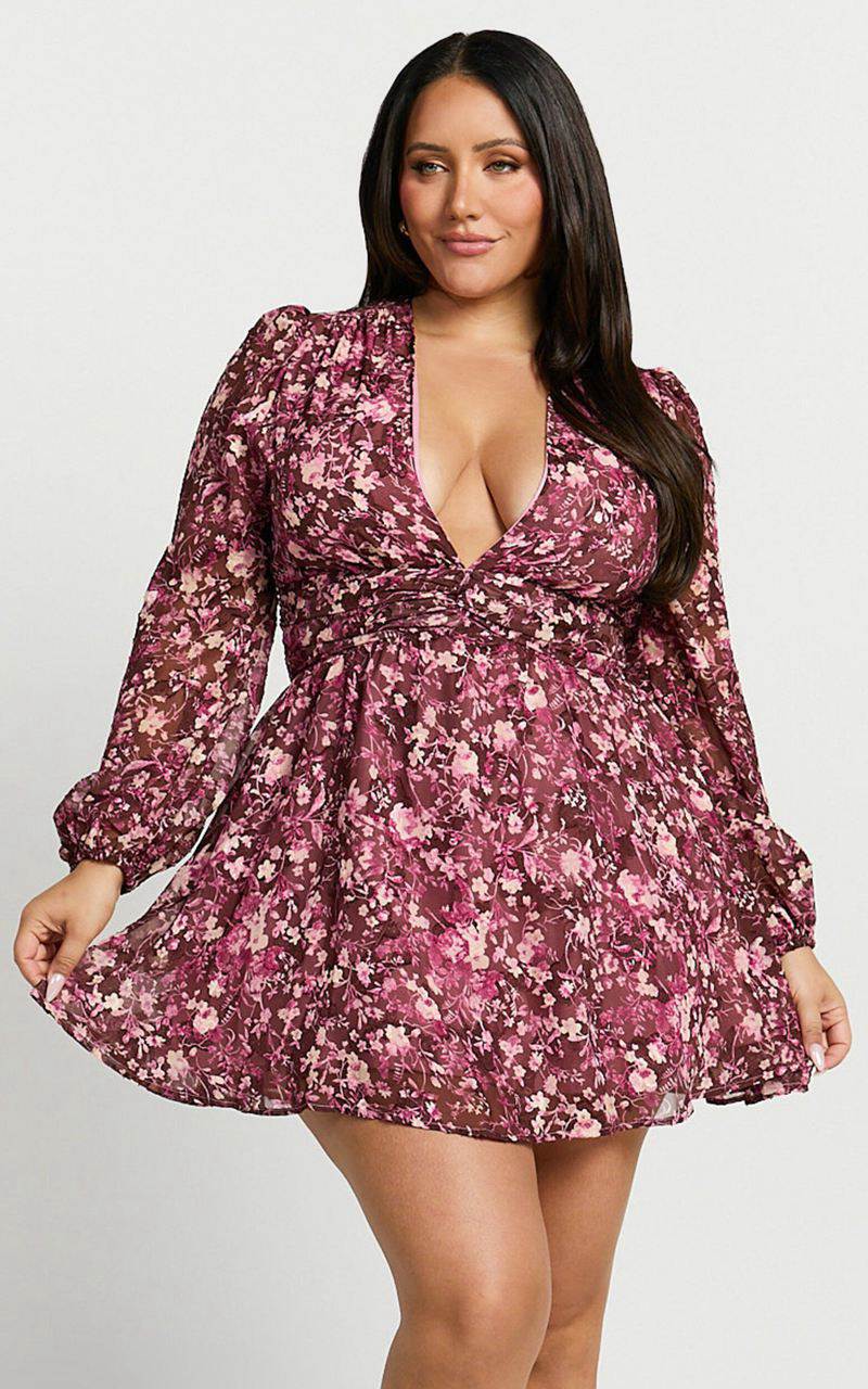 Showpo Eleanor Mini Dress - Plunge Twist Front Jacquard Dress Wine Floral | WASOGF152