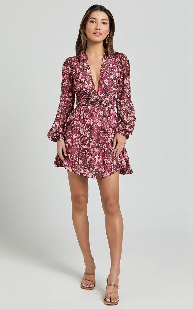 Showpo Eleanor Mini Dress - Plunge Twist Front Jacquard Dress Wine Floral | WASOGF152