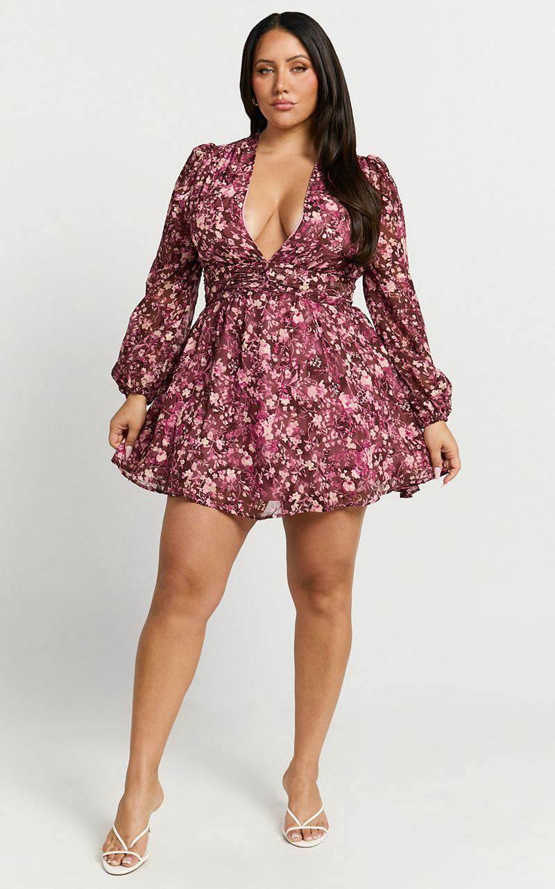 Showpo Eleanor Mini Dress - Plunge Twist Front Jacquard Dress Wine Floral | WASOGF152