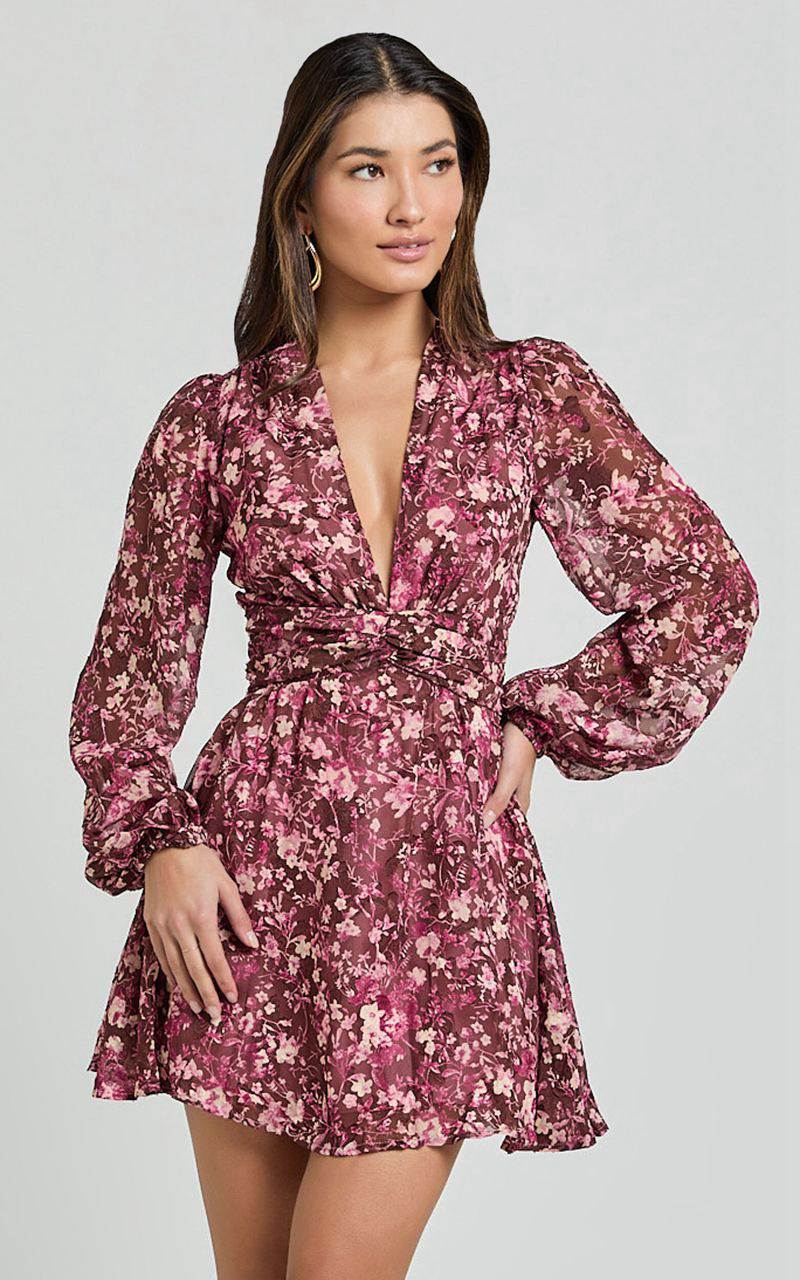 Showpo Eleanor Mini Dress - Plunge Twist Front Jacquard Dress Wine Floral | WASOGF152