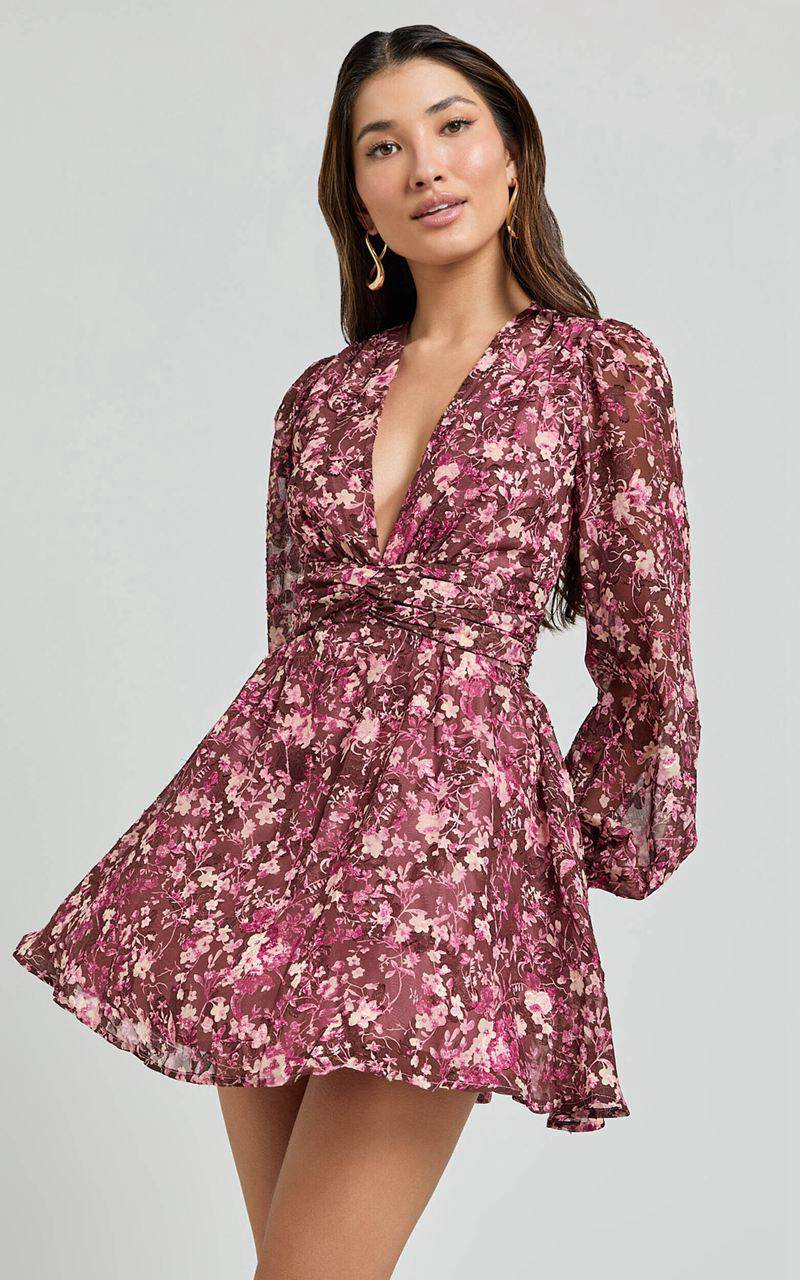 Showpo Eleanor Mini Dress - Plunge Twist Front Jacquard Dress Wine Floral | WASOGF152