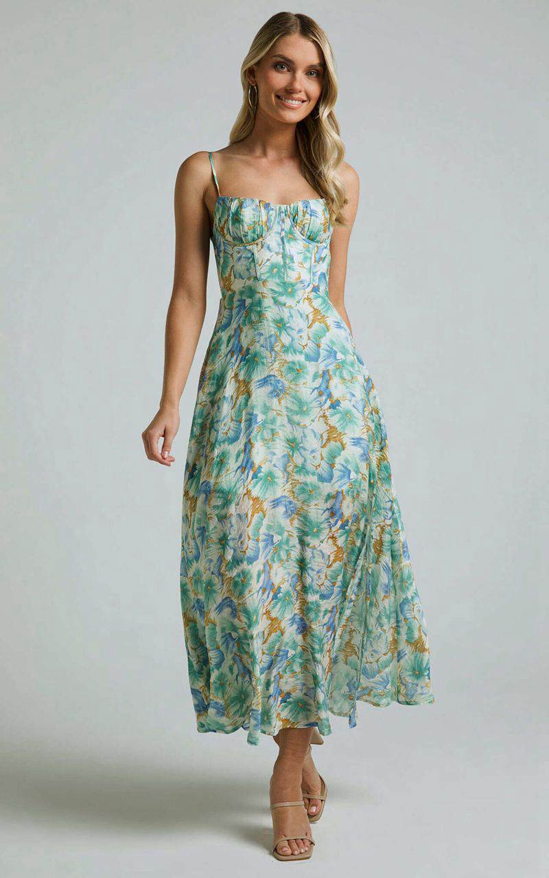 Showpo Elenita Midi Dress - Cup Bust Sleeveless Slit Dress Green Floral | EYTQKB482