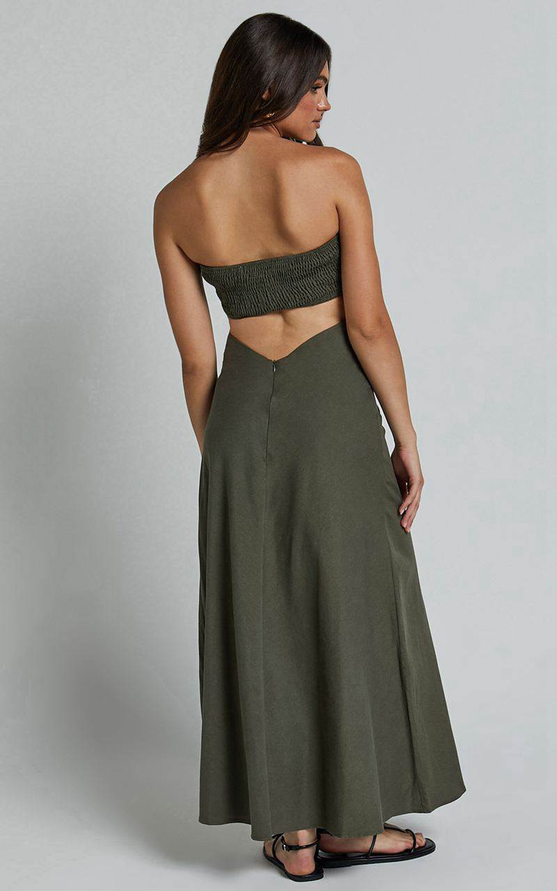 Showpo Elerie Maxi Dress - Strapless Linen Dress Olive | LXPBSV826