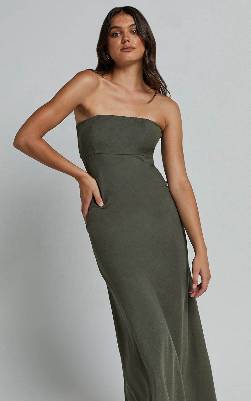 Showpo Elerie Maxi Dress - Strapless Linen Dress Olive | LXPBSV826