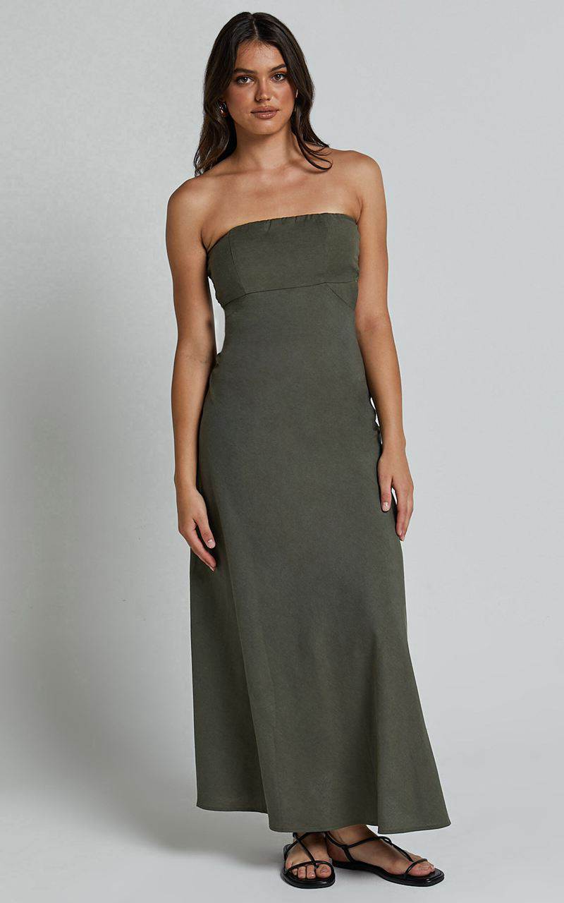 Showpo Elerie Maxi Dress - Strapless Linen Dress Olive | LXPBSV826