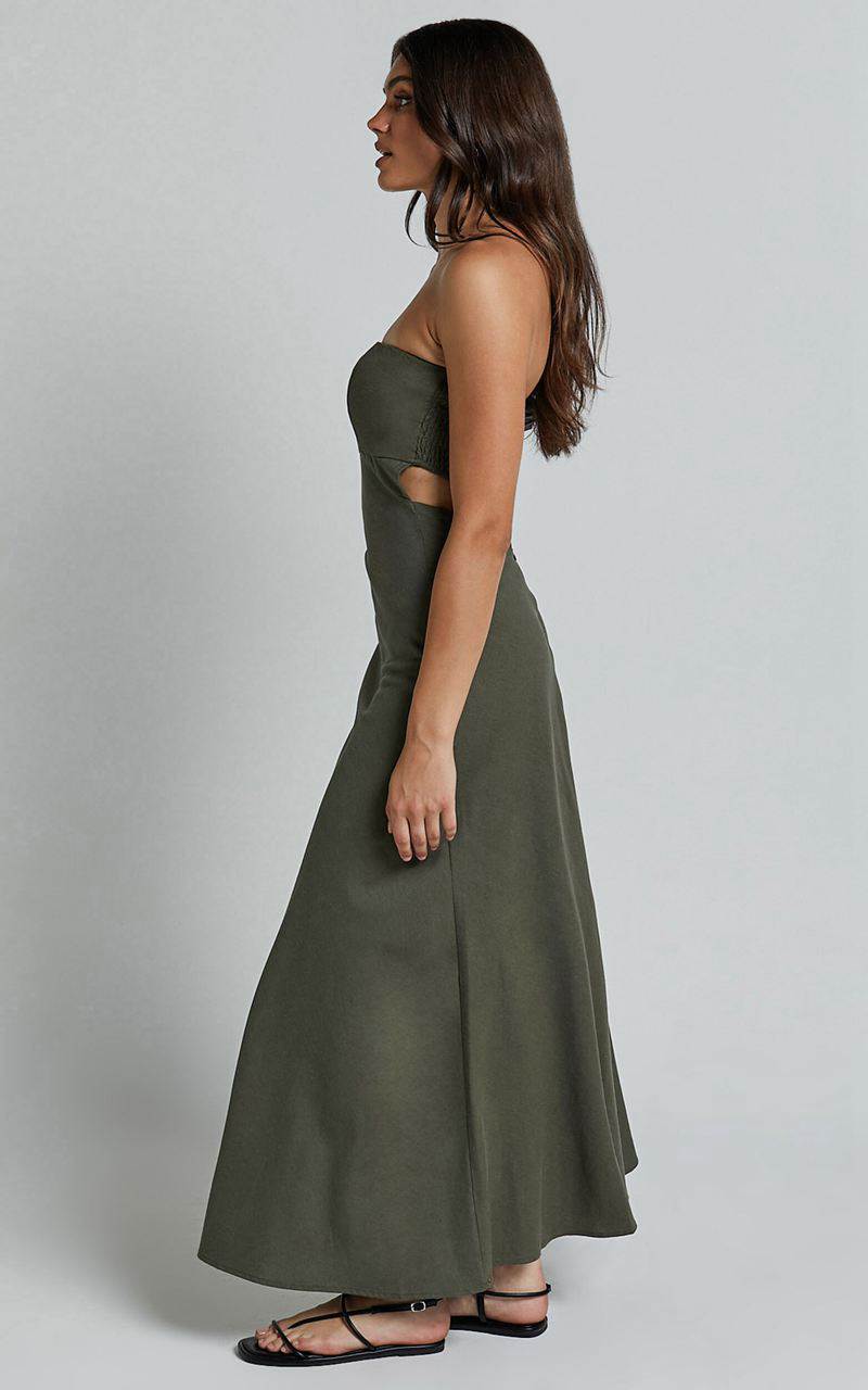 Showpo Elerie Maxi Dress - Strapless Linen Dress Olive | LXPBSV826