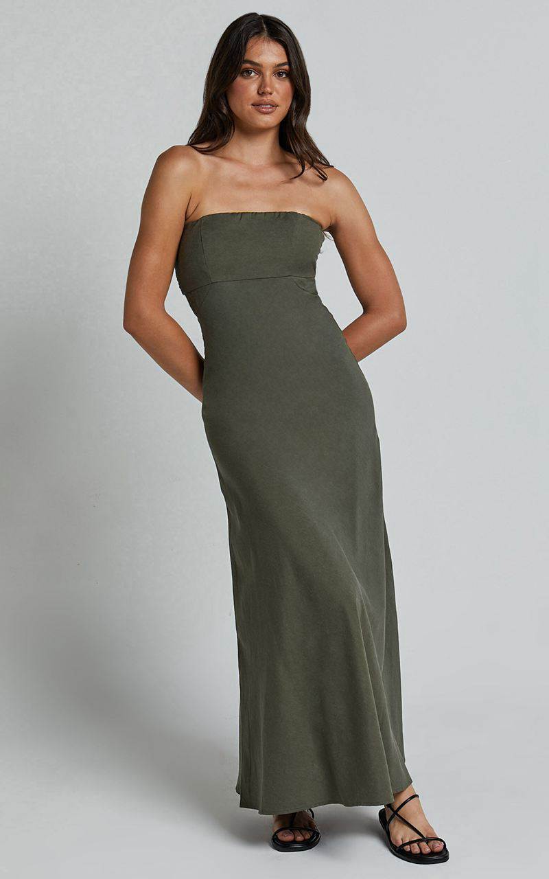 Showpo Elerie Maxi Dress - Strapless Linen Dress Olive | LXPBSV826