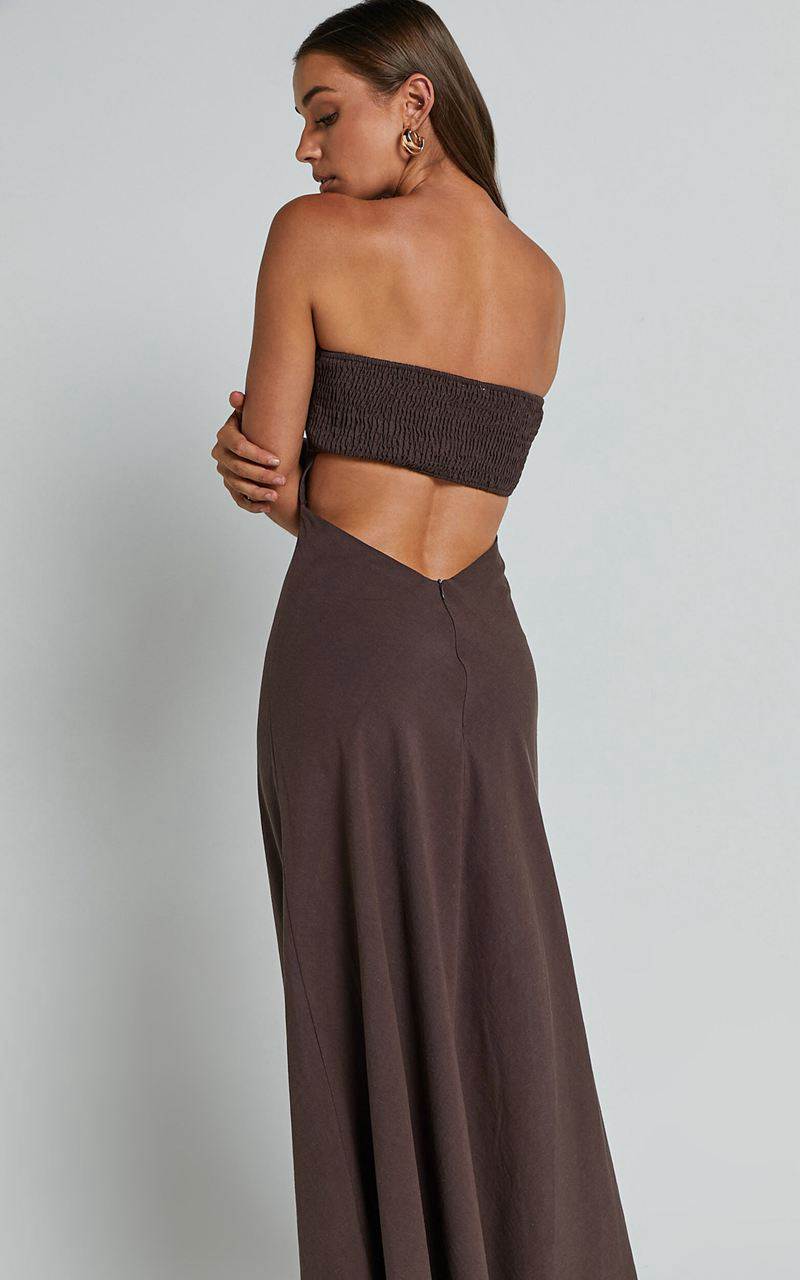 Showpo Elerie Maxi Dress - Strapless Linen Dress Chocolate | YGVOBD024