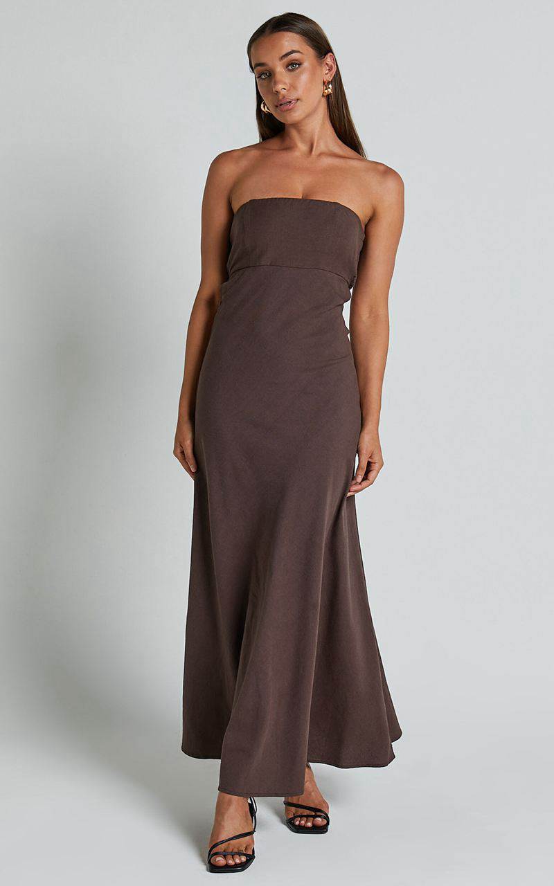 Showpo Elerie Maxi Dress - Strapless Linen Dress Chocolate | YGVOBD024