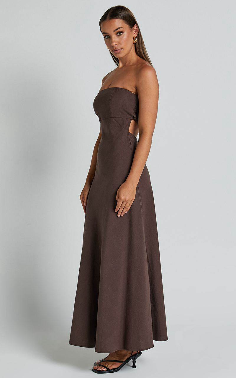 Showpo Elerie Maxi Dress - Strapless Linen Dress Chocolate | YGVOBD024