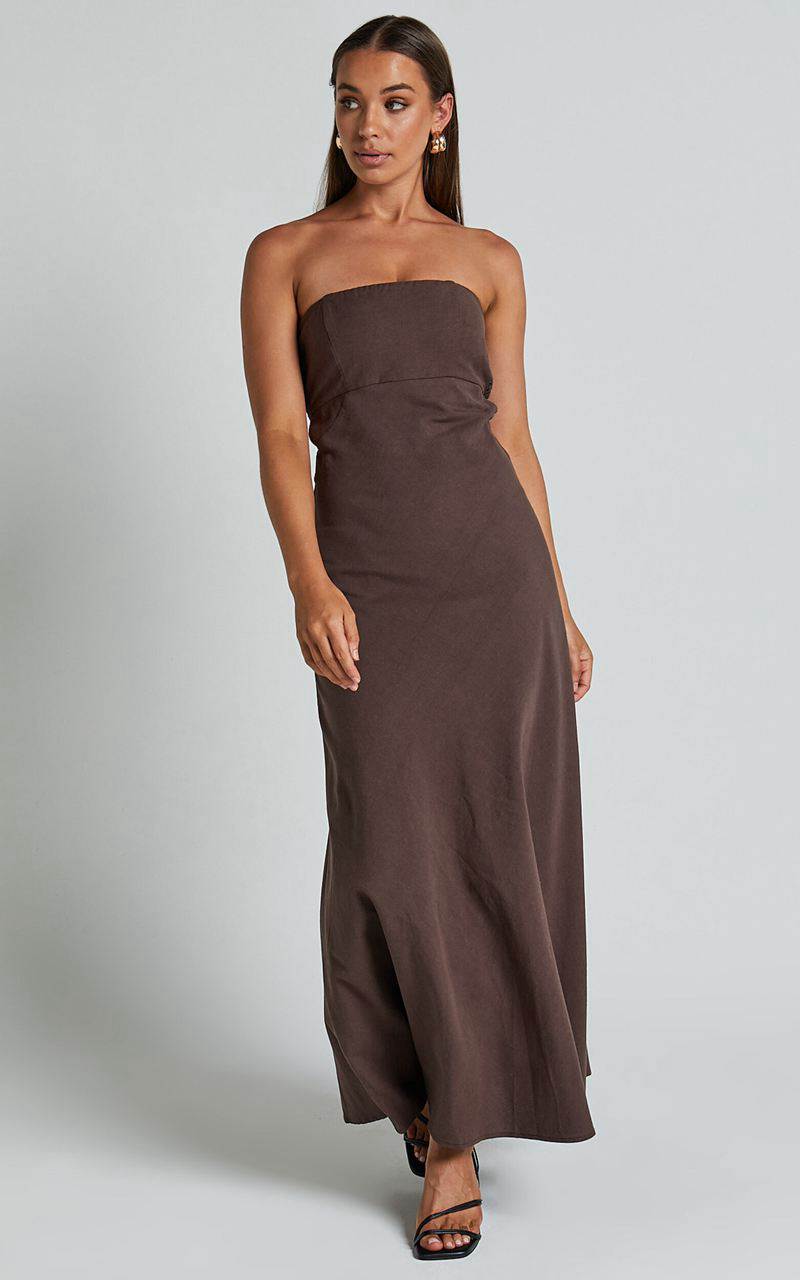 Showpo Elerie Maxi Dress - Strapless Linen Dress Chocolate | YGVOBD024