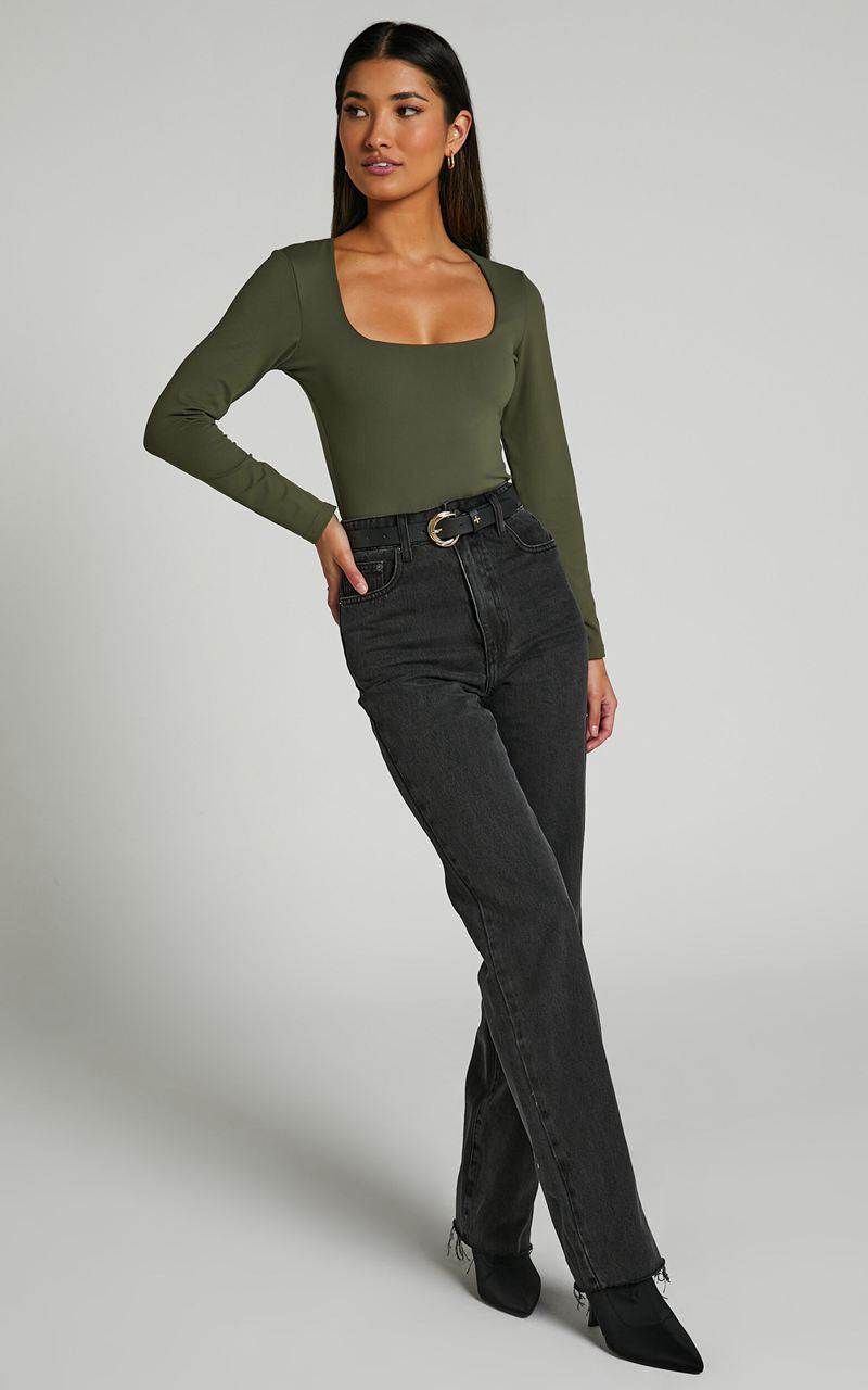 Showpo Elia Bodysuit - Square Neck Long Sleeve Bodysuit Olive | QZYXVM786