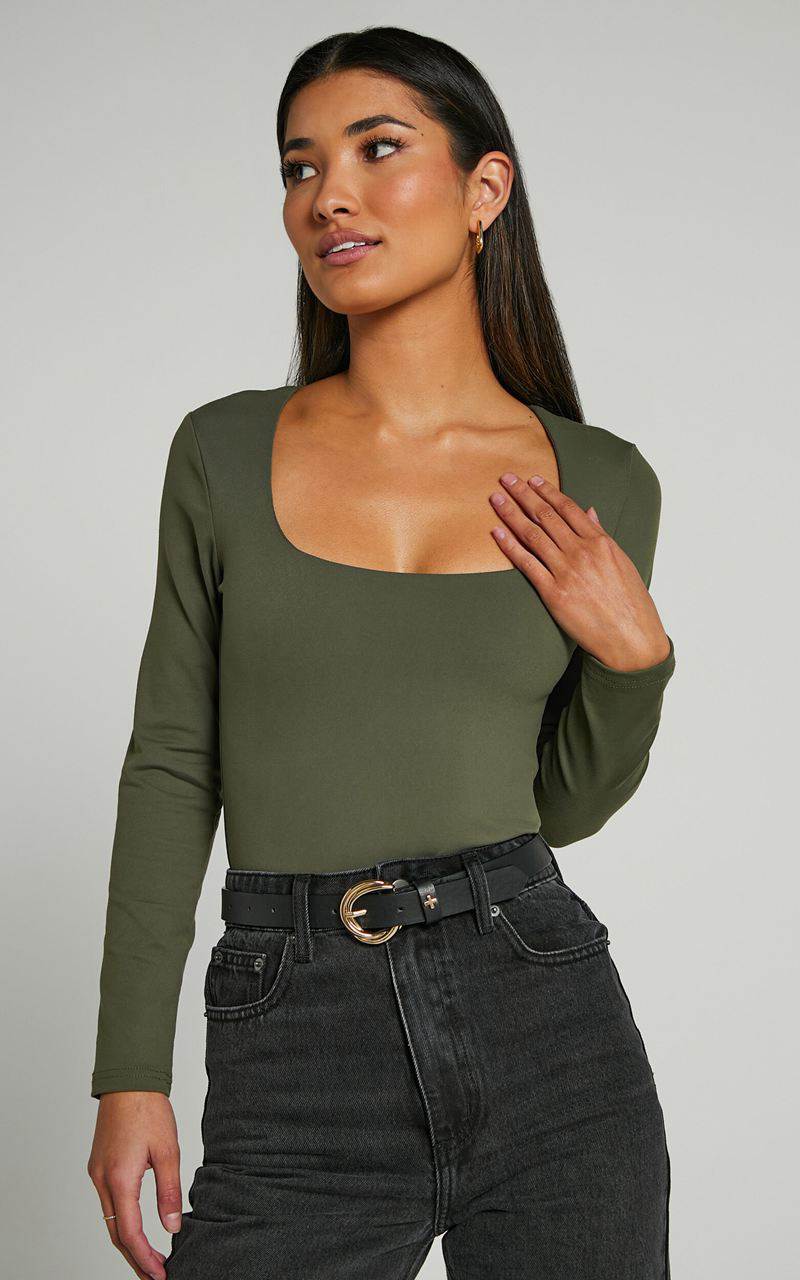 Showpo Elia Bodysuit - Square Neck Long Sleeve Bodysuit Olive | QZYXVM786