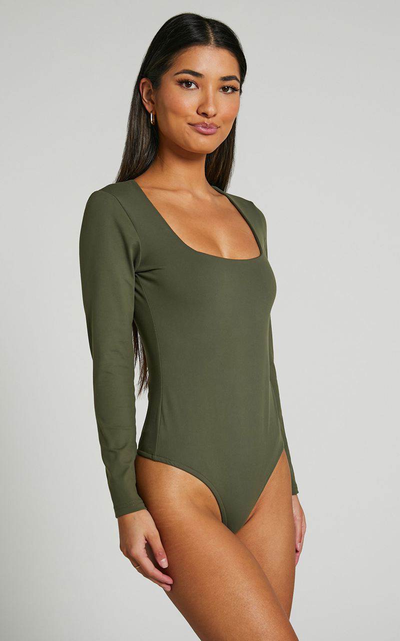 Showpo Elia Bodysuit - Square Neck Long Sleeve Bodysuit Olive | QZYXVM786