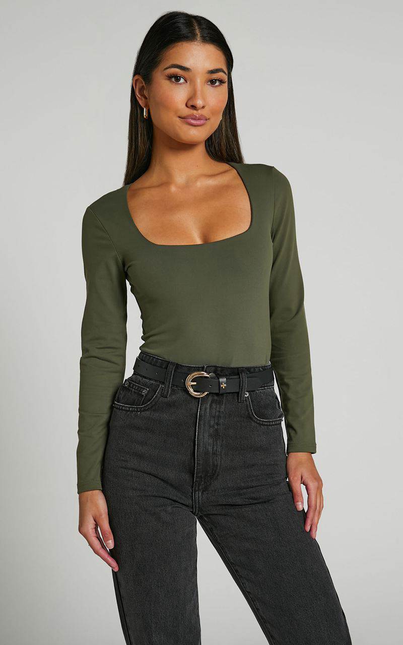 Showpo Elia Bodysuit - Square Neck Long Sleeve Bodysuit Olive | QZYXVM786