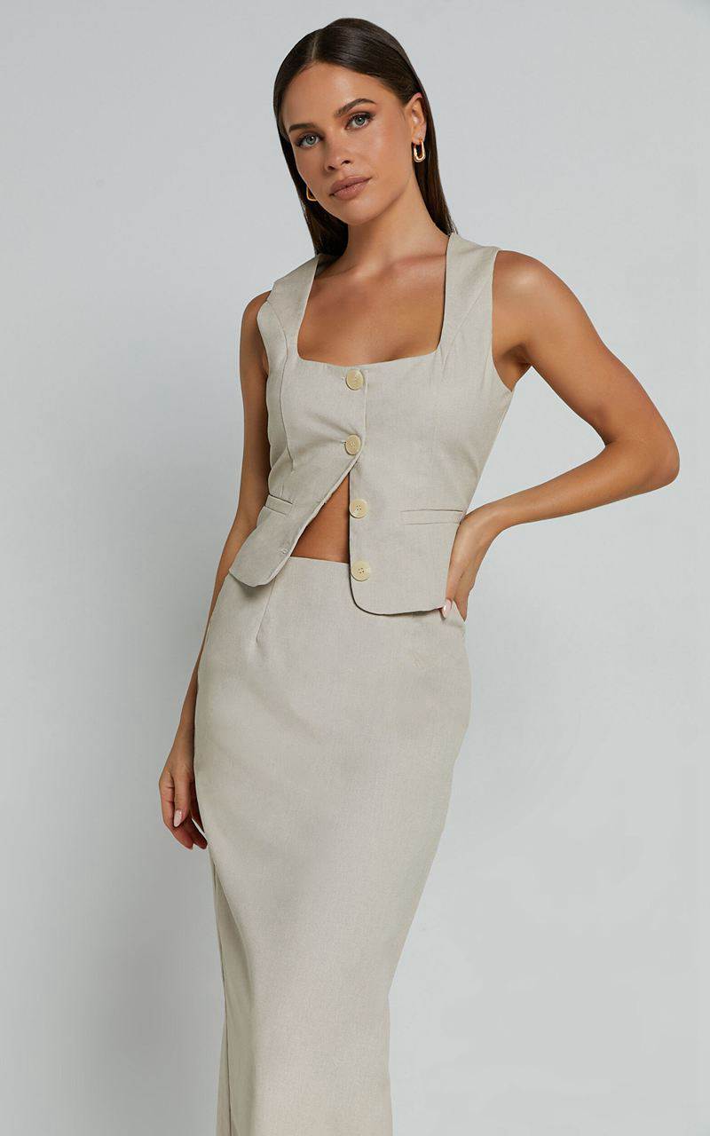 Showpo Elias Two Piece Set - Linen Look Square Neck Vest Top And Column Midi Skirt Natural | ZXQCMH726