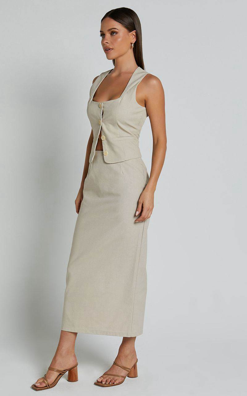 Showpo Elias Two Piece Set - Linen Look Square Neck Vest Top And Column Midi Skirt Natural | ZXQCMH726