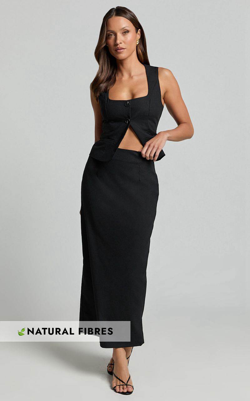 Showpo Elias Two Piece Set - Linen Look Square Neck Vest Top And Column Midi Skirt Black | VYNLIB268