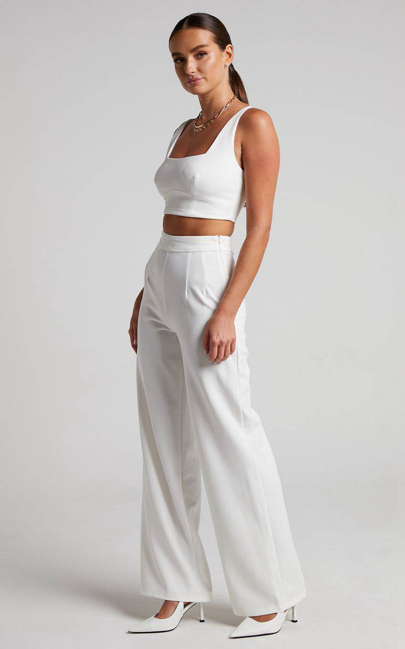 Showpo Elibeth Two Piece Set - Crop Top And High Waisted Wide Leg Pants Set White | SBZAYH352