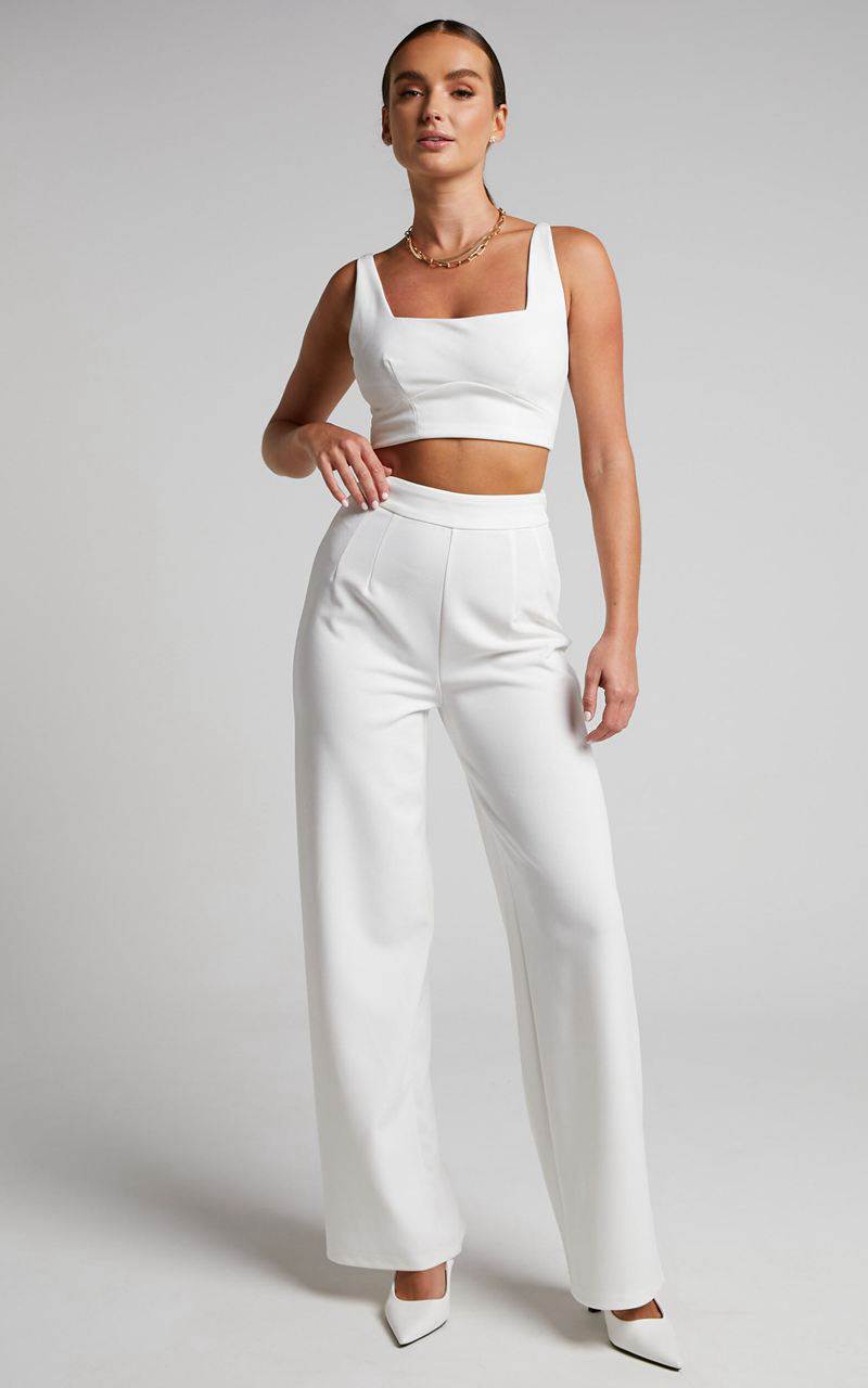 Showpo Elibeth Two Piece Set - Crop Top And High Waisted Wide Leg Pants Set White | SBZAYH352