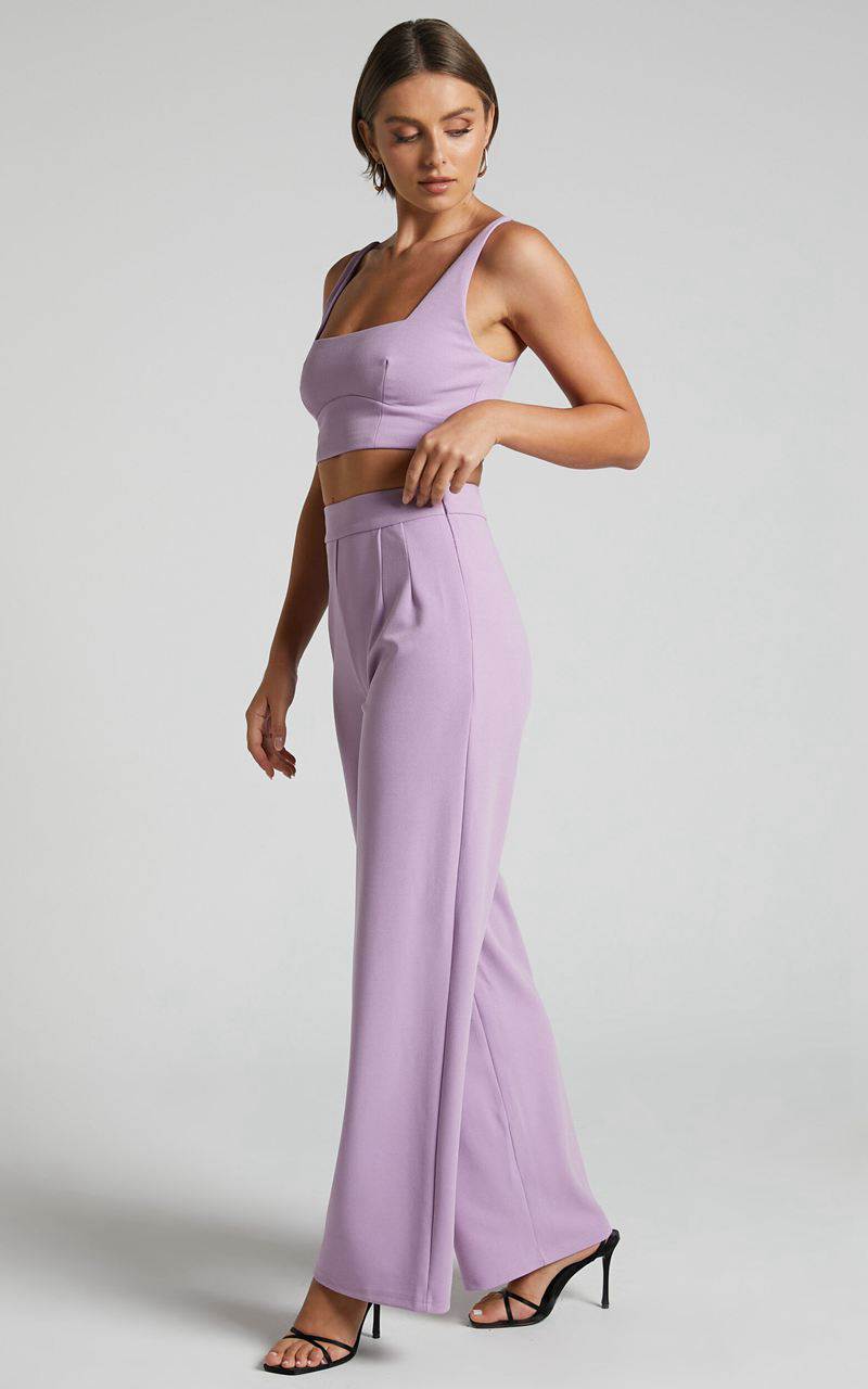 Showpo Elibeth Two Piece Set - Crop Top And High Waisted Wide Leg Pants Set Lilac | EVDTAH342