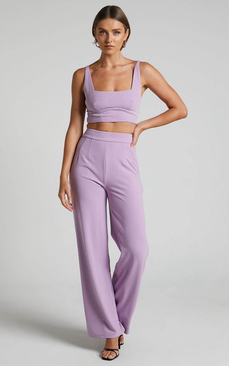 Showpo Elibeth Two Piece Set - Crop Top And High Waisted Wide Leg Pants Set Lilac | EVDTAH342