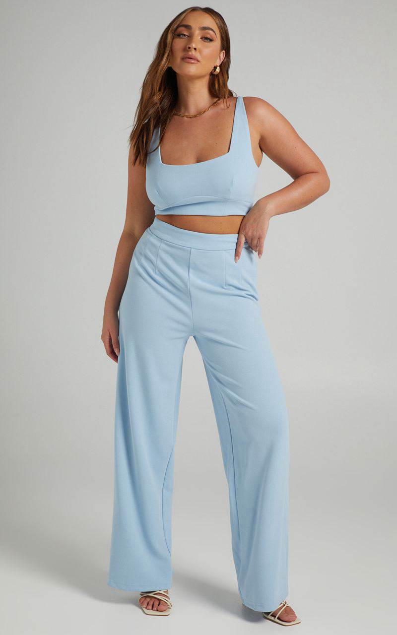 Showpo Elibeth Two Piece Set - Crop Top And High Waisted Wide Leg Pants Set Cornflower Blue | BONYMQ137