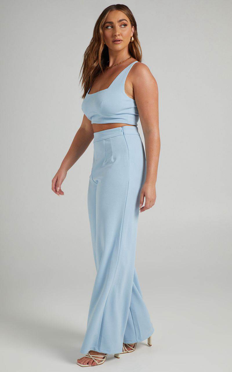 Showpo Elibeth Two Piece Set - Crop Top And High Waisted Wide Leg Pants Set Cornflower Blue | BONYMQ137