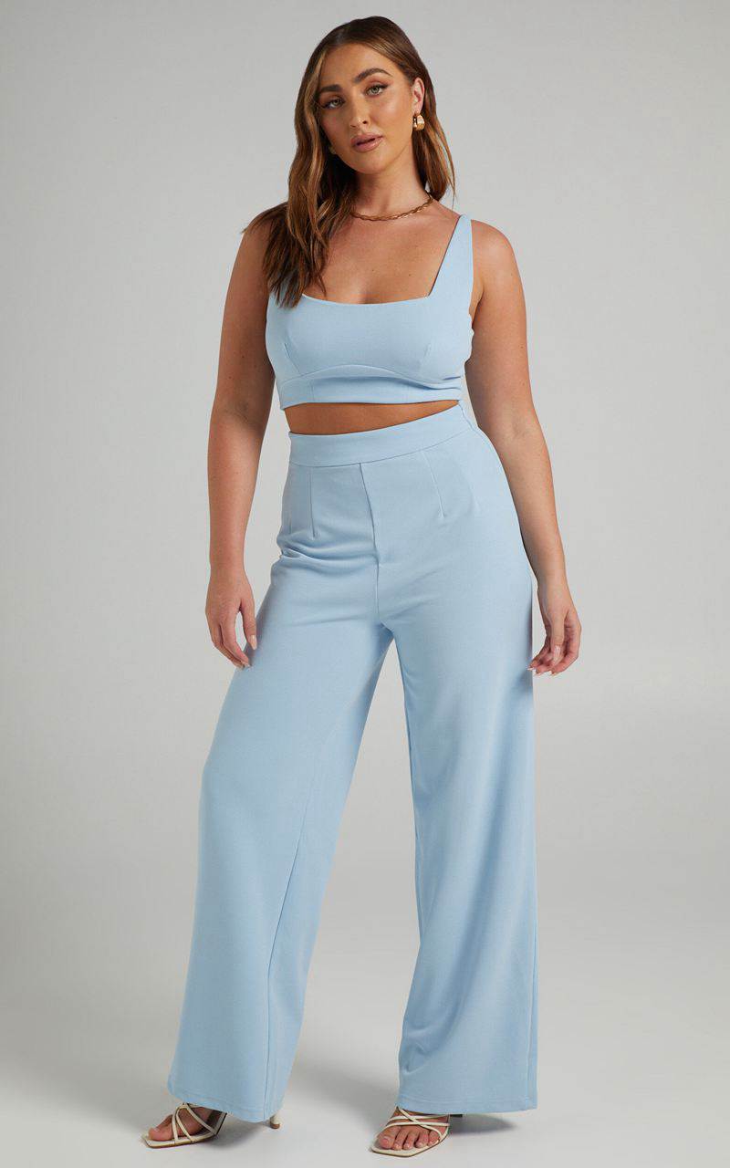 Showpo Elibeth Two Piece Set - Crop Top And High Waisted Wide Leg Pants Set Cornflower Blue | BONYMQ137