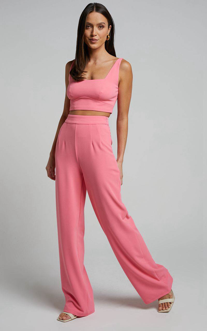 Showpo Elibeth Two Piece Set - Crop Top And High Waisted Wide Leg Pants Set Bubblegum Pink | ADNSRK237