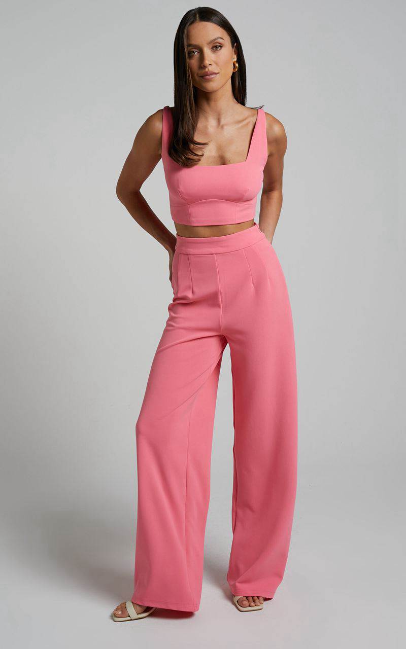 Showpo Elibeth Two Piece Set - Crop Top And High Waisted Wide Leg Pants Set Bubblegum Pink | ADNSRK237