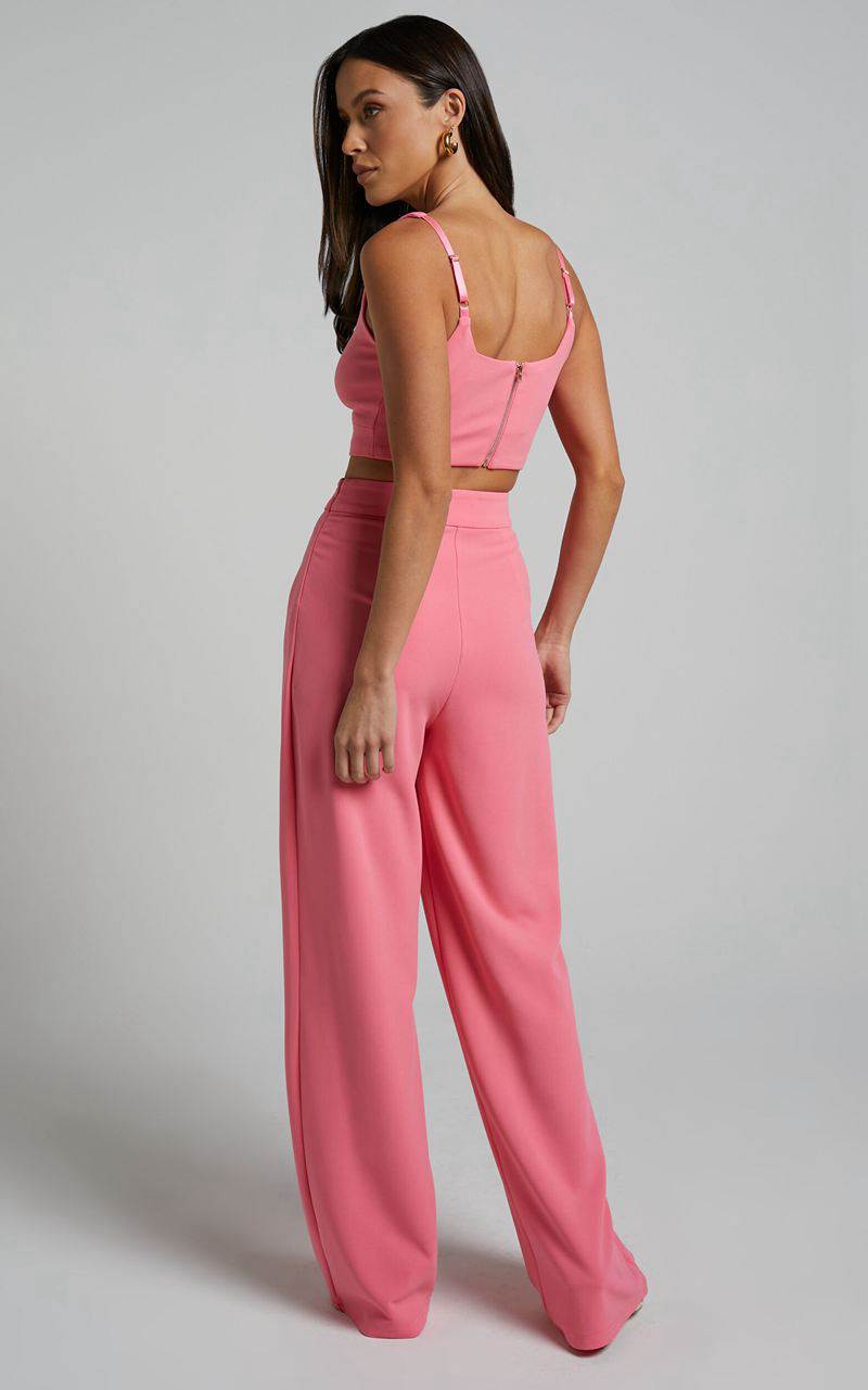 Showpo Elibeth Two Piece Set - Crop Top And High Waisted Wide Leg Pants Set Bubblegum Pink | ADNSRK237