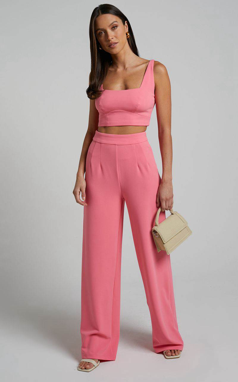 Showpo Elibeth Two Piece Set - Crop Top And High Waisted Wide Leg Pants Set Bubblegum Pink | ADNSRK237