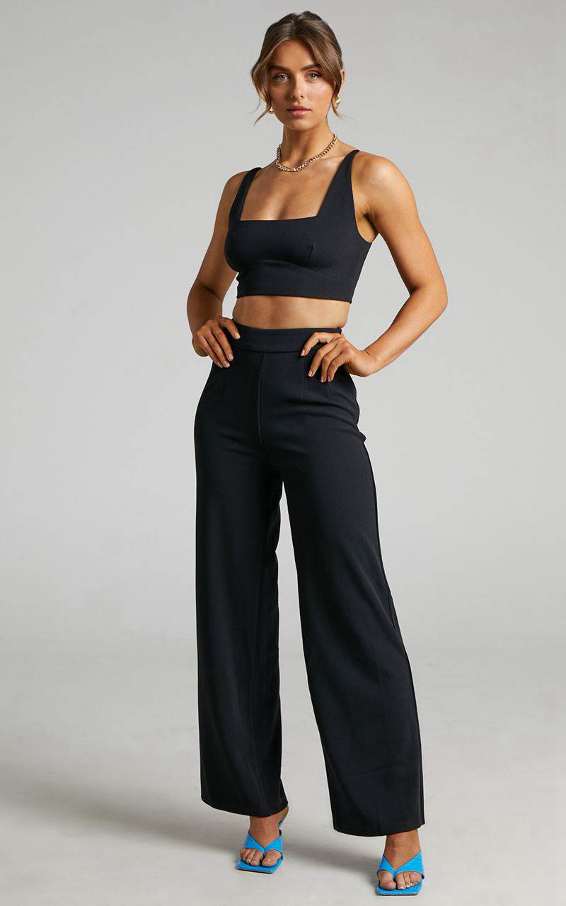 Showpo Elibeth Two Piece Set - Crop Top And High Waisted Wide Leg Pants Set Black | TQLHYN170