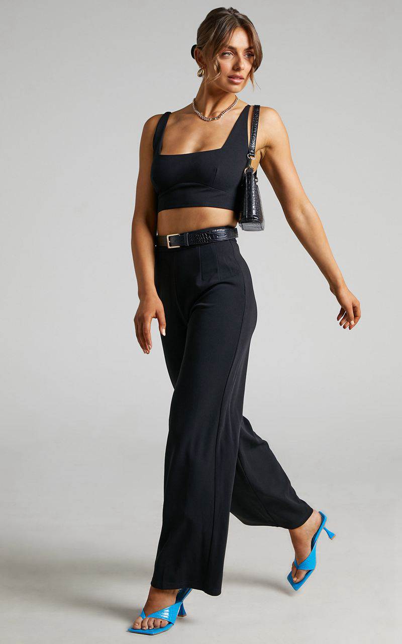 Showpo Elibeth Two Piece Set - Crop Top And High Waisted Wide Leg Pants Set Black | TQLHYN170