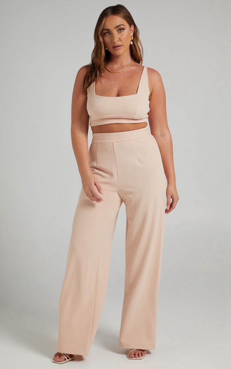 Showpo Elibeth Two Piece Set - Crop Top And High Waisted Wide Leg Pants Set Beige | ORLDUB089