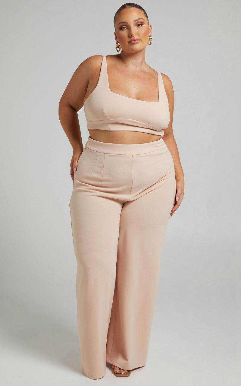 Showpo Elibeth Two Piece Set - Crop Top And High Waisted Wide Leg Pants Set Beige | ORLDUB089