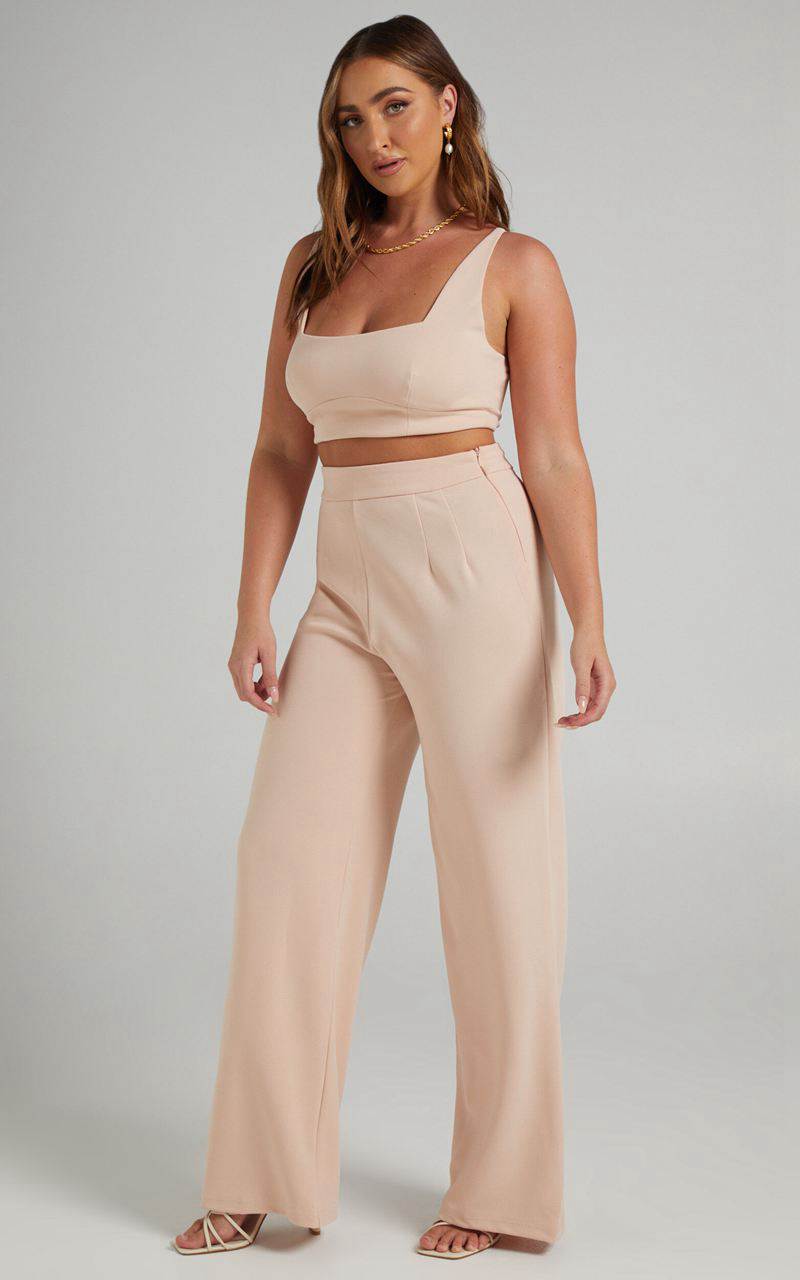 Showpo Elibeth Two Piece Set - Crop Top And High Waisted Wide Leg Pants Set Beige | ORLDUB089