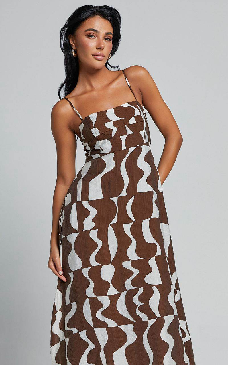 Showpo Elisabetta Midi Dress - Empire Waist A Line Dress Chocolate Mono Wave | TUDPAV678