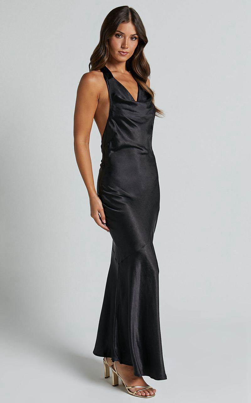 Showpo Elise Midi Dress - Cowl Neck Satin Dress Black | LQEJRG243