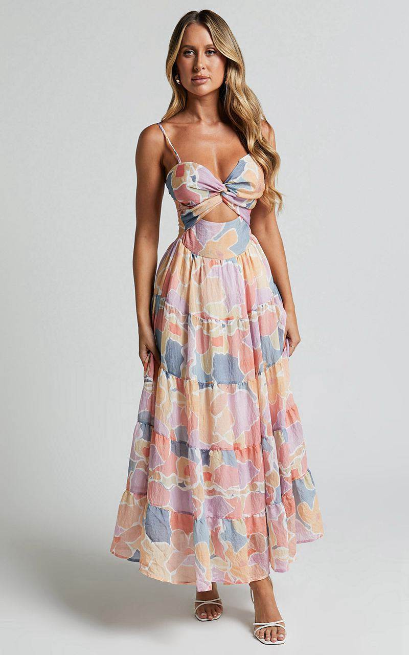 Showpo Elizabeth Maxi Dress - Tie Strap Cut Out Front Tiered Dress Print | YEZVWR215