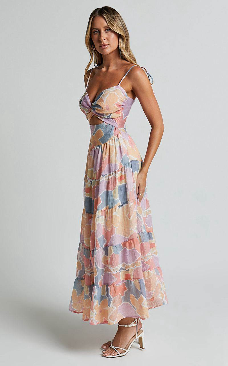 Showpo Elizabeth Maxi Dress - Tie Strap Cut Out Front Tiered Dress Print | YEZVWR215