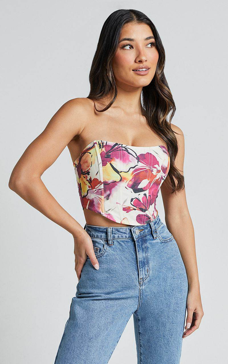 Showpo Elizabeth Top - Strapless Corset Crop Top Dahlia Dusk Floral | VKXBZL280