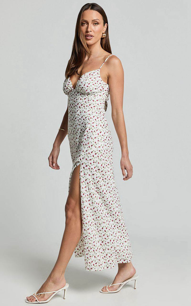 Showpo Elle Midi Dress - Ruched Bust Tie Strap Dress White Floral | EAKDWO734