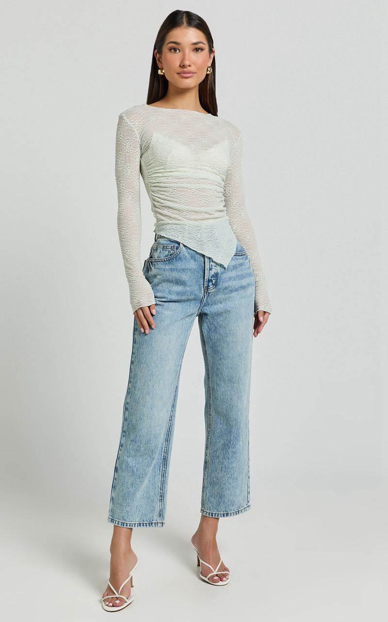 Showpo Ellie Top - Asymmetrical Sheer Lace Top Silver Sage | RFWUMI265