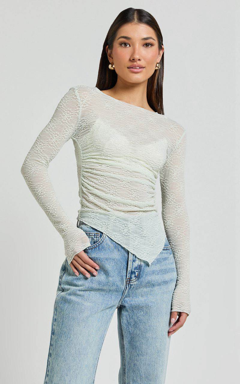 Showpo Ellie Top - Asymmetrical Sheer Lace Top Silver Sage | RFWUMI265