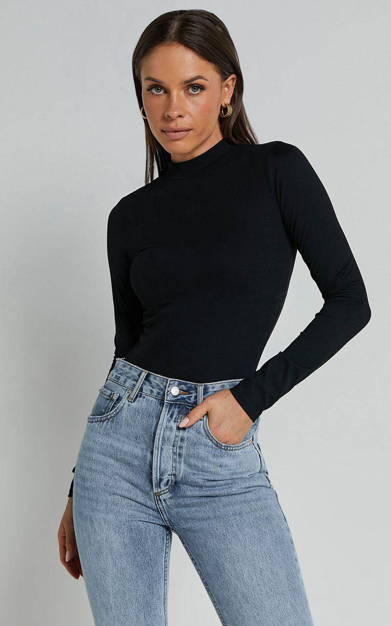 Showpo Elmira Bodysuit - Long Sleeve High Neck Bodysuit Black | GTZREH150