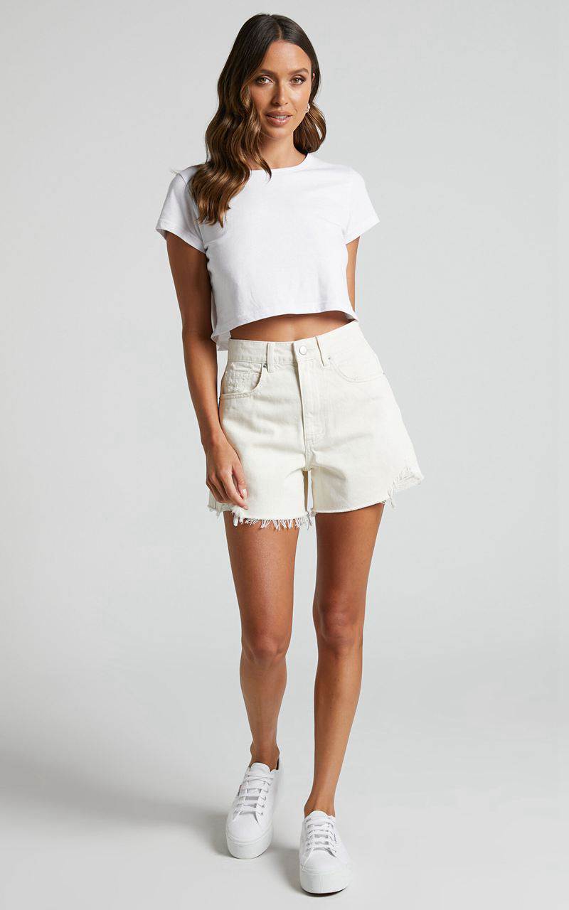 Showpo Eloisa Shorts - Recycled Cotton Raw Hem Denim Shorts Ecru | PECVGW458