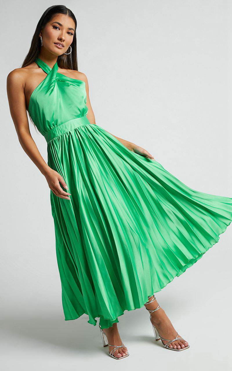 Showpo Eloise Midi Dress - Halter Neck Pleated Dress Jewel Green | RFQYNP547